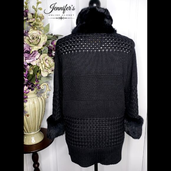 Essentiel Antwerp Black Wool Cable Knit Faux Mink Trimmed Cardigan - Picture 8 of 13